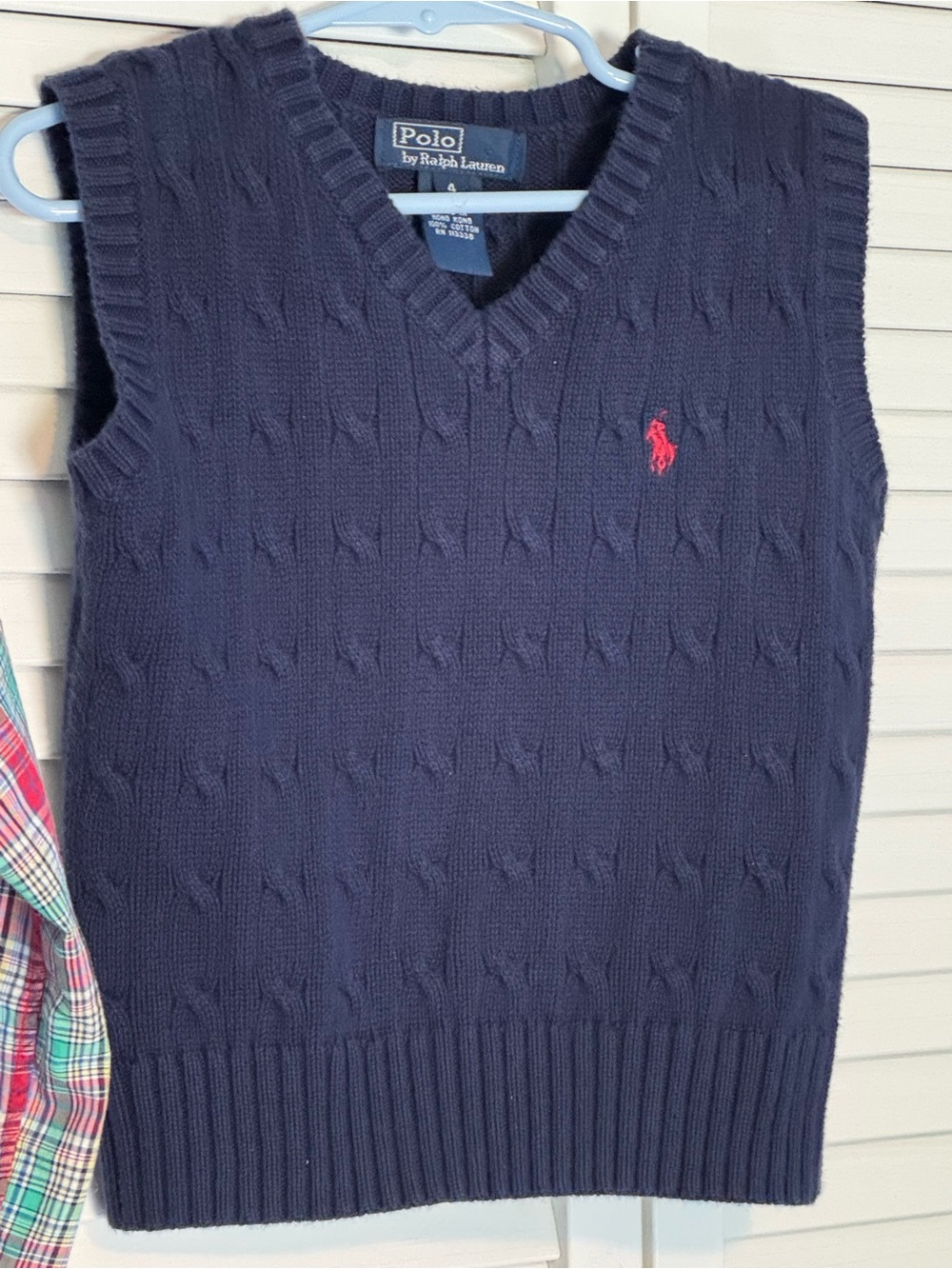 Ralph Lauren Navy Cable-Knit Vest with Red & Green Plaid Shirt - Picture 4 of 9